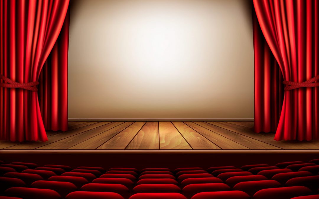 A theater stage with a red curtain, seats. Vector.