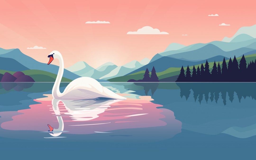 Beautiful swan swims on the lake against the backdrop of mountains at an amazing pink sunset. Swan against the backdrop of a stunning mountain lake landscape. Vector illustration for poster, banner.