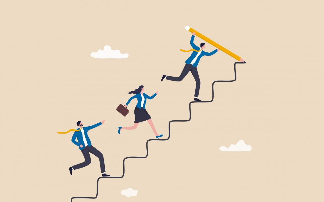 Leader to guide team to achieve success, manager to develop career path or improvement plan, growth or progress concept, businessman leader draw stair with pencil to lead team walk up to target.